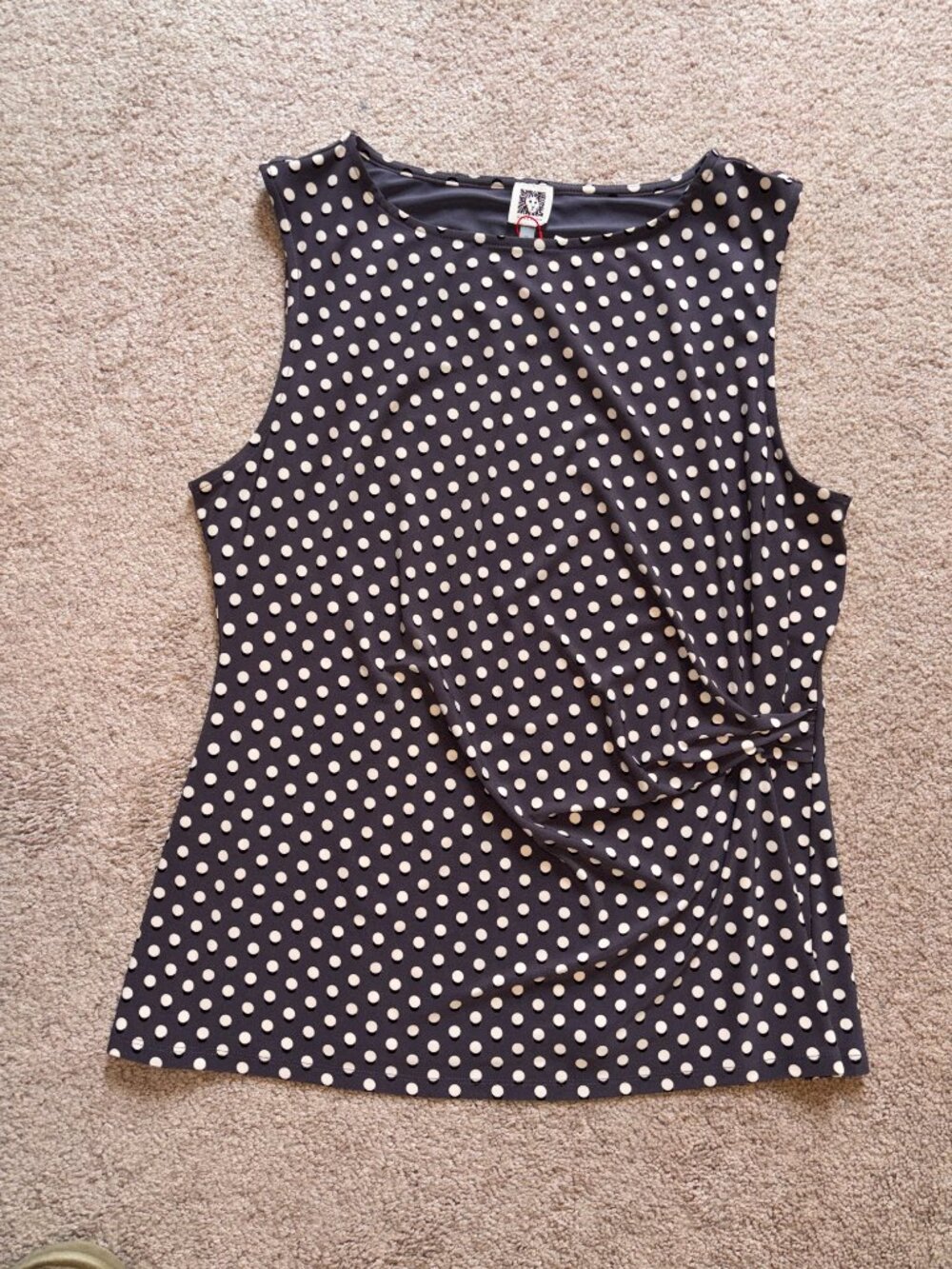 NWT Anne Klein Gray White Polka Dot Ruched Career Sleeveless Top XL